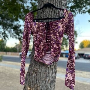 Free People Elegant Women's Ruched Floral Blouse in Purple
